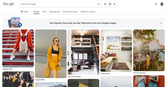 A screenshot of Google Images showing a "For you" tab with a selection of lifestyle, fashion, home decor, and travel photos arranged in a Pinterest-style grid layout.