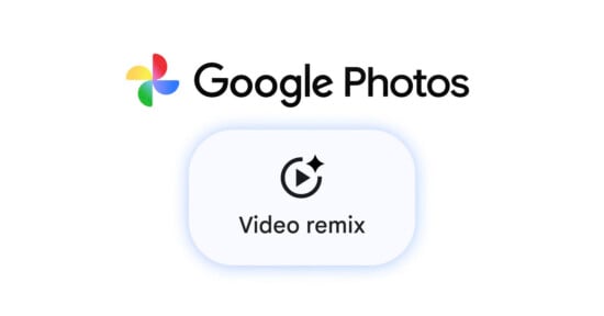 Google Photos logo above the words "Video remix" with a circular play icon and sparkle, all on a white background.