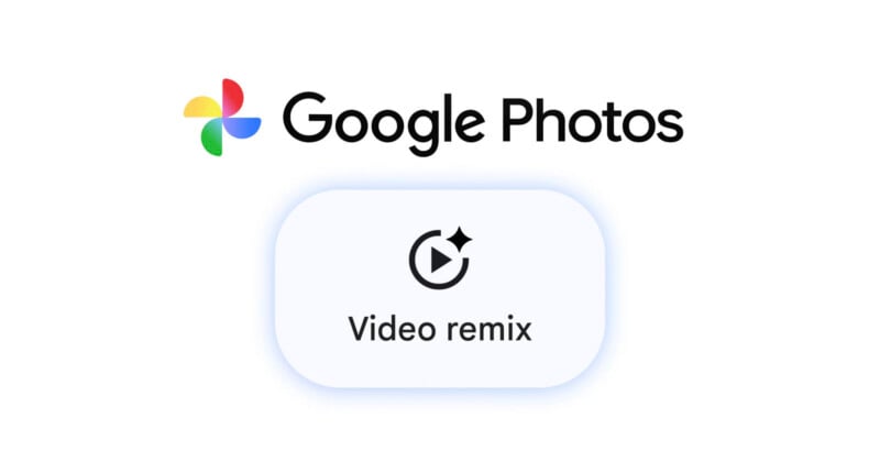 Google Photos logo above the words "Video remix" with a circular play icon and sparkle, all on a white background.
