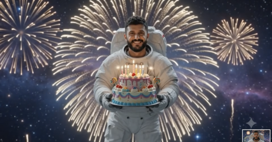 A smiling astronaut holds a decorated birthday cake with lit candles. Fireworks light up the starry night sky in the background, creating a festive and joyful atmosphere.