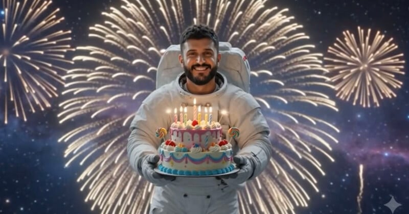 A person in an astronaut suit holds a colorful birthday cake with lit candles. Bright fireworks light up the night sky behind them, creating a festive atmosphere.