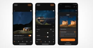 Three smartphone screens display a photo editing app with night landscape images, showing HDR editing options, exposure sliders, and an HDR mode comparison with “Prioritize Purity” and “Prioritize Detail” selections.