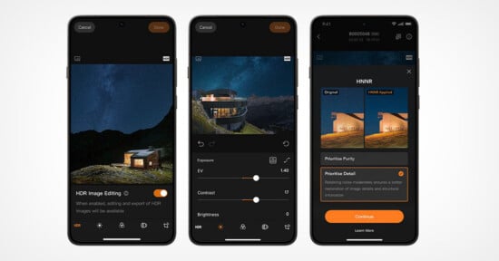 Three smartphone screens display a photo editing app with night landscape images, showing HDR editing options, exposure sliders, and an HDR mode comparison with “Prioritize Purity” and “Prioritize Detail” selections.