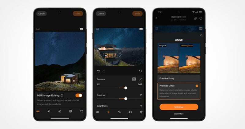 Three smartphone screens display a photo editing app with night landscape images, showing HDR editing options, exposure sliders, and an HDR mode comparison with “Prioritize Purity” and “Prioritize Detail” selections.
