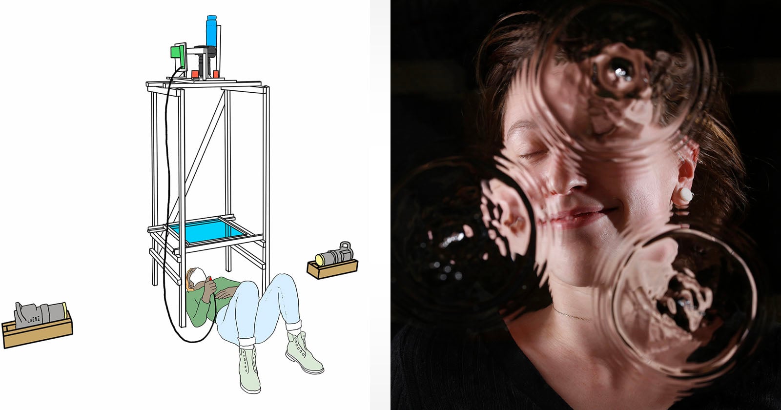 Split image: Left shows a person lying under a drawing machine. Right shows a smiling person behind glass with circles drawn on it, slightly distorting parts of their face.
