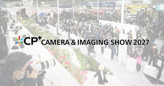 Crowds walk through a busy camera expo with photographers using large lenses. Text reads: "CP+ Camera & Imaging Show 2027." Bright, modern indoor setting.