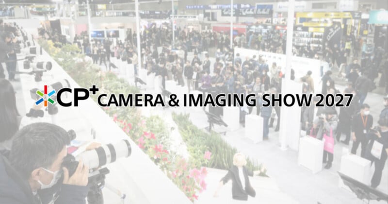 Crowds walk through a busy camera expo with photographers using large lenses. Text reads: "CP+ Camera & Imaging Show 2027." Bright, modern indoor setting.