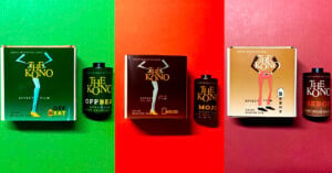 Three sets of The KONO! film boxes and canisters on green, red, and orange backgrounds, each featuring a stylized leg illustration and labeled Offbeat, Mojo, and Bebop.