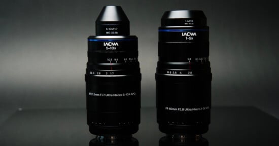 Two Laowa macro lenses stand side-by-side against a dark grey background, with the left lens labeled 5-10x and the right lens labeled 1-5x.