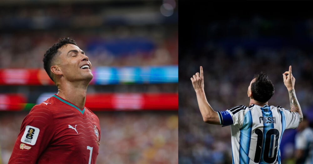 A soccer player in a red jersey smiles with eyes closed on the left; another player in a white and blue jersey raises both hands and points upward on the right.