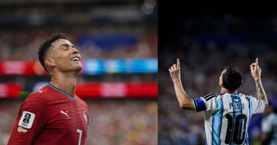 A soccer player in a red jersey smiles with eyes closed on the left; another player in a white and blue jersey raises both hands and points upward on the right.