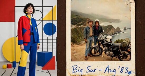 A woman in a colorful geometric suit stands by abstract shapes. Beside her, a vintage photo shows two people with a motorcycle on a scenic coastal road labeled “Big Sur – Aug ‘83.”.