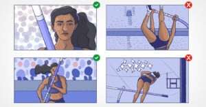Four illustrations show a female pole vaulter preparing, running, vaulting, and landing. Green check marks highlight the prep and run, while red Xs mark the vault and landing.