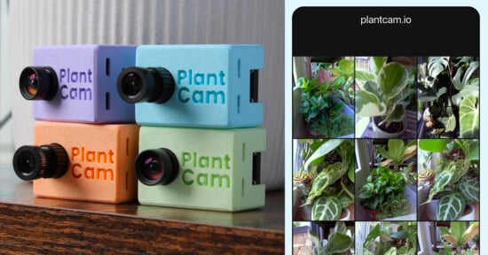 Four colorful PlantCam devices are stacked on the left; on the right, a website shows a grid of plant photos with the header “plantcam.io” at the top.