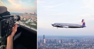 A person films a vintage airplane from a cockpit using a camera; next to it, the airplane is seen flying above a city skyline at sunset.
