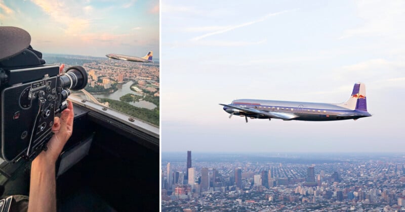 A person films a vintage airplane from a cockpit using a camera; next to it, the airplane is seen flying above a city skyline at sunset.