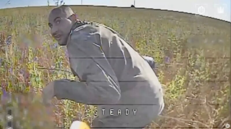A person in a gray outfit crouches in a field of tall grass and wildflowers, looking back over their shoulder. The image has a grainy, slightly distorted filter with the word "STEADY" on the screen.