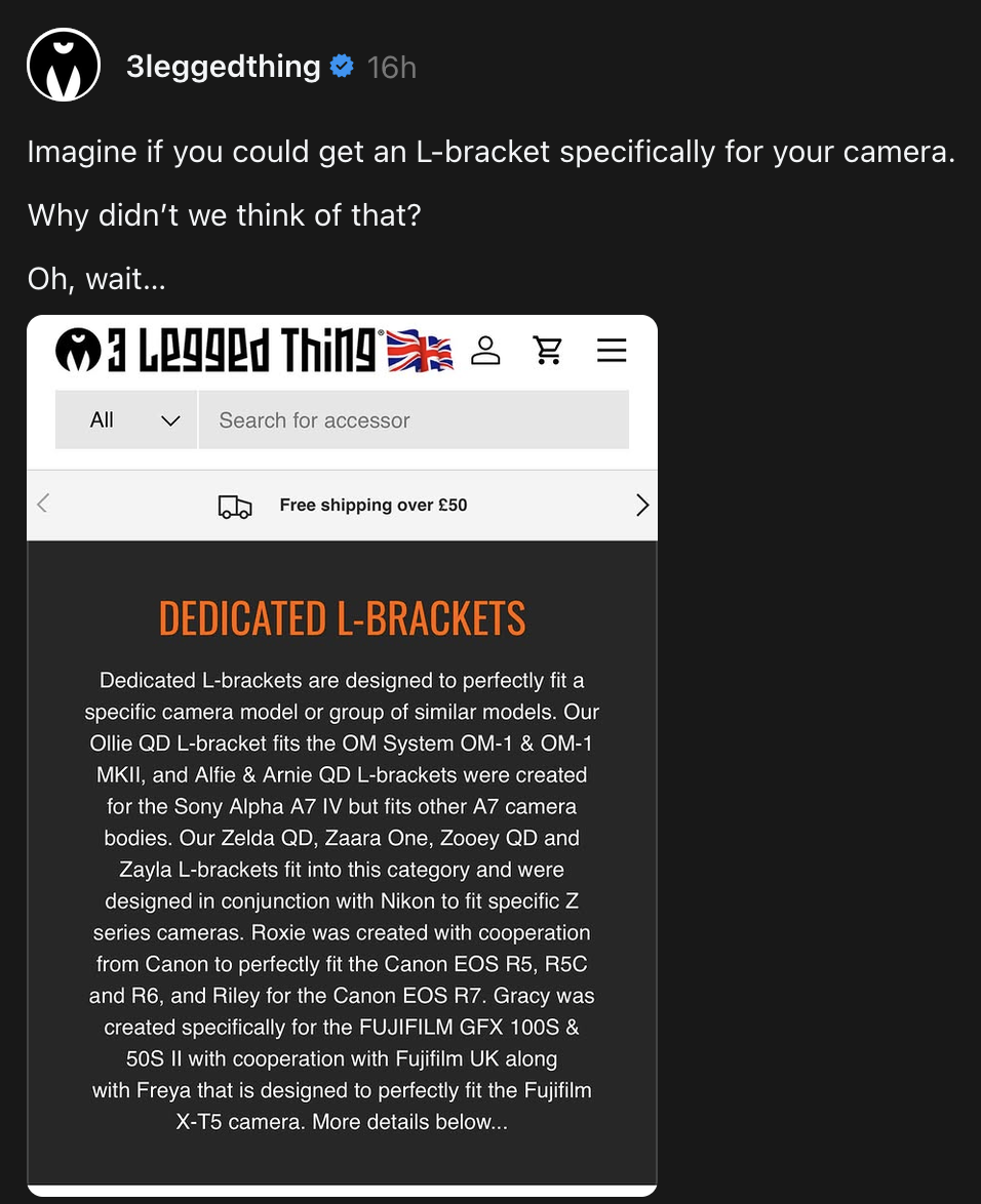 A social media post by 3leggedthing discusses dedicated L-brackets for cameras, featuring a screenshot of their website explaining which L-brackets fit specific camera models.