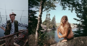 A split image: on the left, an older man in outdoor clothing and a red cap stands on a wooden structure near water; on the right, a young woman with long blonde hair poses nude on a rock by a forested lakeshore.