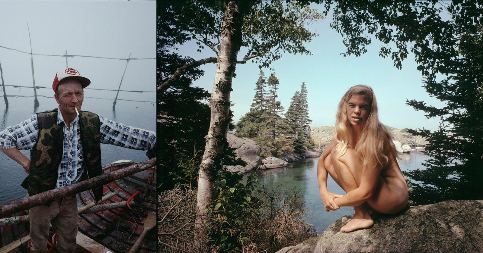 A split image: on the left, an older man in outdoor clothing and a red cap stands on a wooden structure near water; on the right, a young woman with long blonde hair poses nude on a rock by a forested lakeshore.