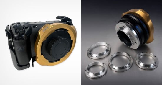 A camera body with a gold-colored lens mount adapter attached on the left, and the same adapter with three interchangeable silver mounting rings on the right.