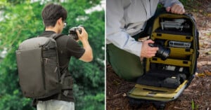 Person with a camera backpack photographs outdoors; open backpack shows organized camera gear, lenses, and a drone in padded compartments, surrounded by greenery.