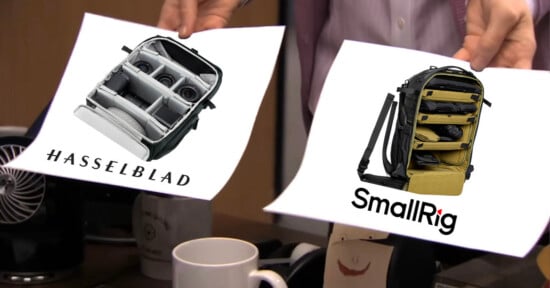 A person holds two papers: one shows a Hasselblad camera bag with compartments for gear, the other shows a SmallRig camera bag with organized sections.