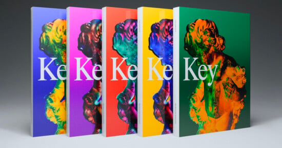Five books stand upright in a row, each with a vibrant colored cover (blue, purple, red, yellow, green) featuring a bold "Key" title and a multicolored abstract statue-like figure on the front.