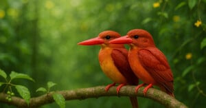 Two bright orange kingfishers with large red beaks sit side by side on a branch, surrounded by lush green foliage and soft, out-of-focus yellow flowers in the background.