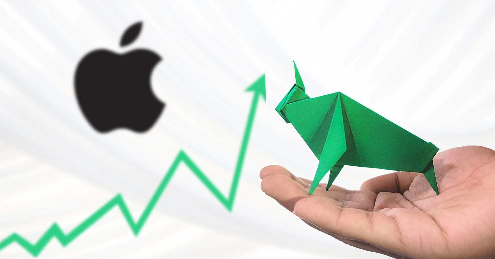 A hand holds a green origami bull in front of the Apple logo, with a green upward stock chart line in the background, symbolizing a bullish trend for Apple.