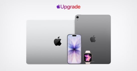 Two MacBooks, an iPad, an iPhone with a flower wallpaper, and an Apple Watch are shown under the word "Upgrade" with an Apple logo, all on a white background.