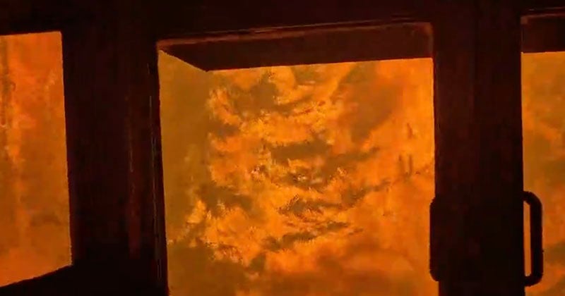 View through a window showing intense orange flames and smoke engulfing trees during a wildfire, with part of the door and window frame visible in the foreground.
