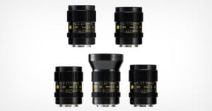 Five black Cooke SP3 cinema lenses arranged in two rows against a white background, showing their focal lengths of 25mm, 32mm, 50mm, 100mm, and 75mm.