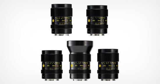 Five black Cooke SP3 cinema lenses arranged in two rows against a white background, showing their focal lengths of 25mm, 32mm, 50mm, 100mm, and 75mm.