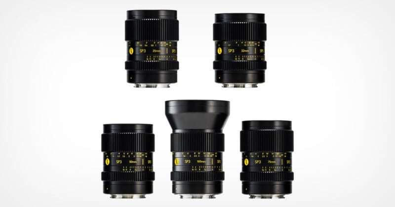 Five black Cooke SP3 cinema lenses arranged in two rows against a white background, showing their focal lengths of 25mm, 32mm, 50mm, 100mm, and 75mm.