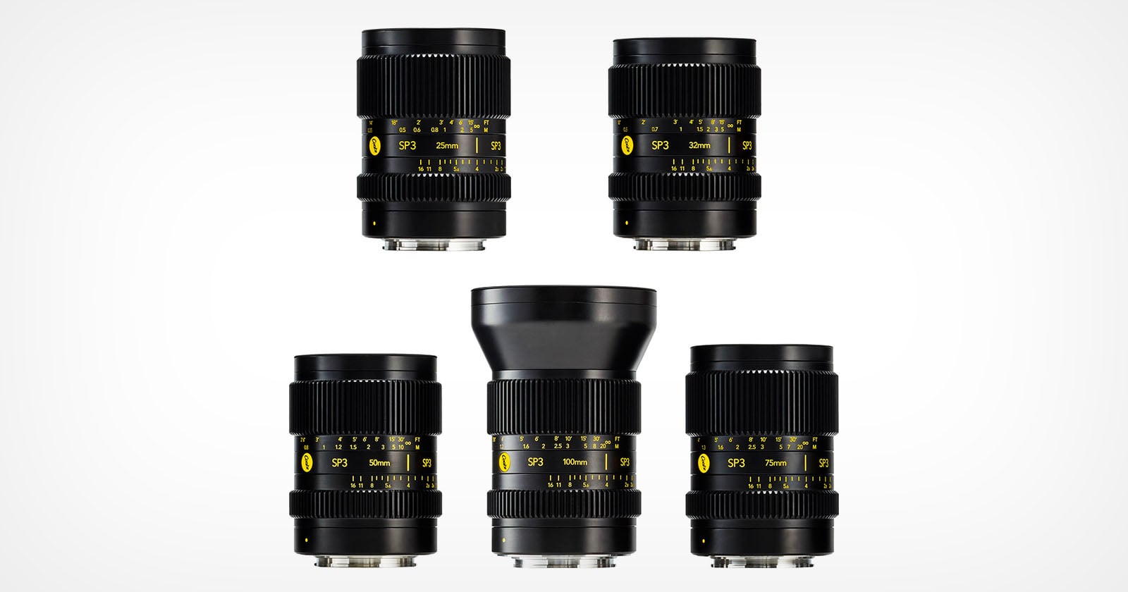 Five black Cooke SP3 cinema lenses arranged in two rows against a white background, showing their focal lengths of 25mm, 32mm, 50mm, 100mm, and 75mm.