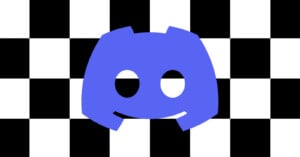 A blue Discord logo is centered on a black and white checkerboard background.