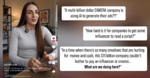 A woman with long brown hair sits at a table, talking. Text quotes question a camera company’s use of AI for ads instead of hiring influencers or creators, highlighting concerns about compensation and authenticity.