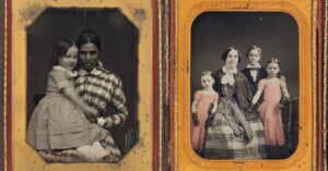 A side-by-side daguerreotype case showing a Black woman holding a young girl on the left and a white woman with three children on the right.