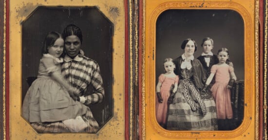 A side-by-side daguerreotype case showing a Black woman holding a young girl on the left and a white woman with three children on the right.