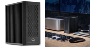 A black external hard drive with vented sides is shown alone on the left and placed next to a computer, keyboard, and mouse on a wooden desk on the right.