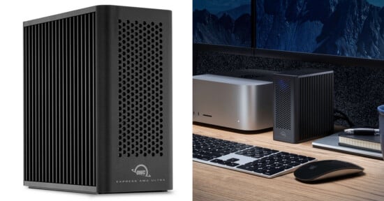 A black external hard drive with vented sides is shown alone on the left and placed next to a computer, keyboard, and mouse on a wooden desk on the right.