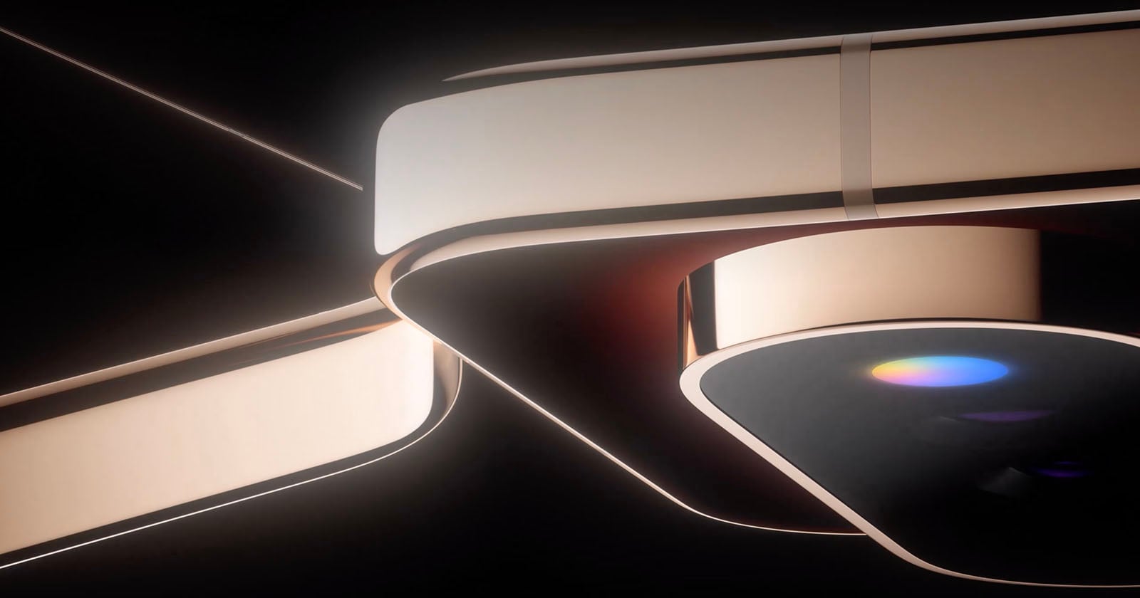 A close-up of a sleek, modern device with smooth, curved surfaces and soft lighting, featuring a colorful lens or reflective surface in the center. The design appears futuristic and minimalistic.