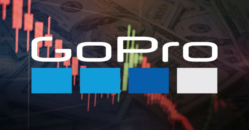 The GoPro logo is superimposed over a background of US hundred-dollar bills and a downward-trending stock market candlestick chart, suggesting a decline in the company's financial performance.