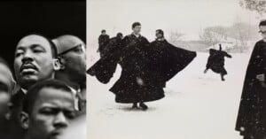 A split-screen image showing a close-up of Martin Luther King Jr. on the left and a group of people in black cloaks playing in the snow on the right.