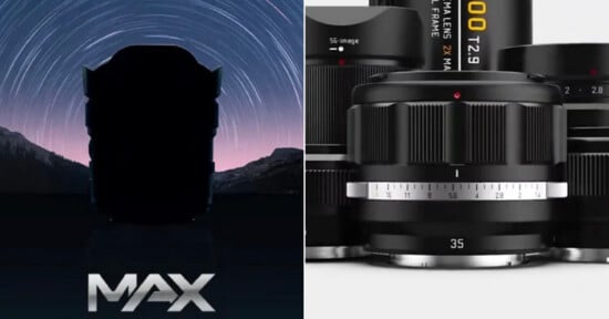 A split image: left side shows a silhouetted camera lens against a twilight sky with "MAX" text; right side shows close-up of camera lenses, one labeled "35".