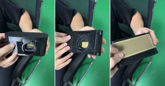 Three-panel image showing hands demonstrating a small black device with a circular opening, held above a chair. The third panel reveals a tan, textured surface on the device’s back.