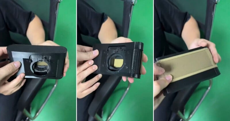 Three-panel image showing hands demonstrating a small black device with a circular opening, held above a chair. The third panel reveals a tan, textured surface on the device’s back.