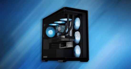 A black desktop computer case with a glass side panel, showing internal components including a liquid cooling system, glowing blue fans, and a graphics card.