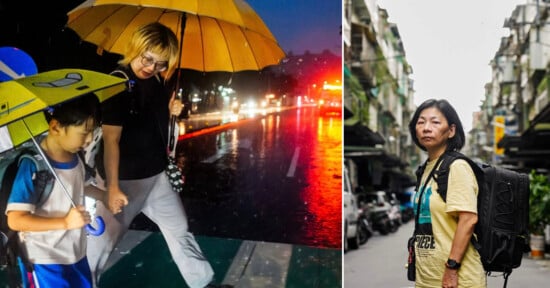 A split-screen image shows a woman and child walking under yellow umbrellas in the rain on the left, and a woman with a backpack standing on a city street on the right.